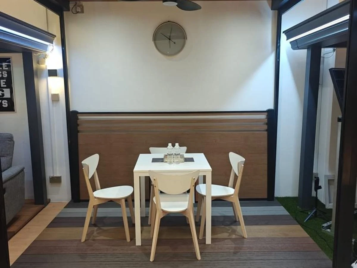 Dining under the panel, aluminium smart ceiling supplied by Alu-R Pro in Singapore