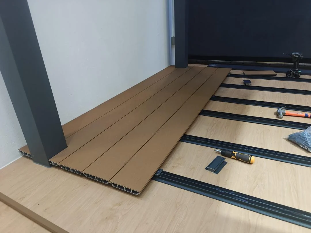 Frame before boarding, aluminium decking substructure supplied by Alu-R Pro in Singapore