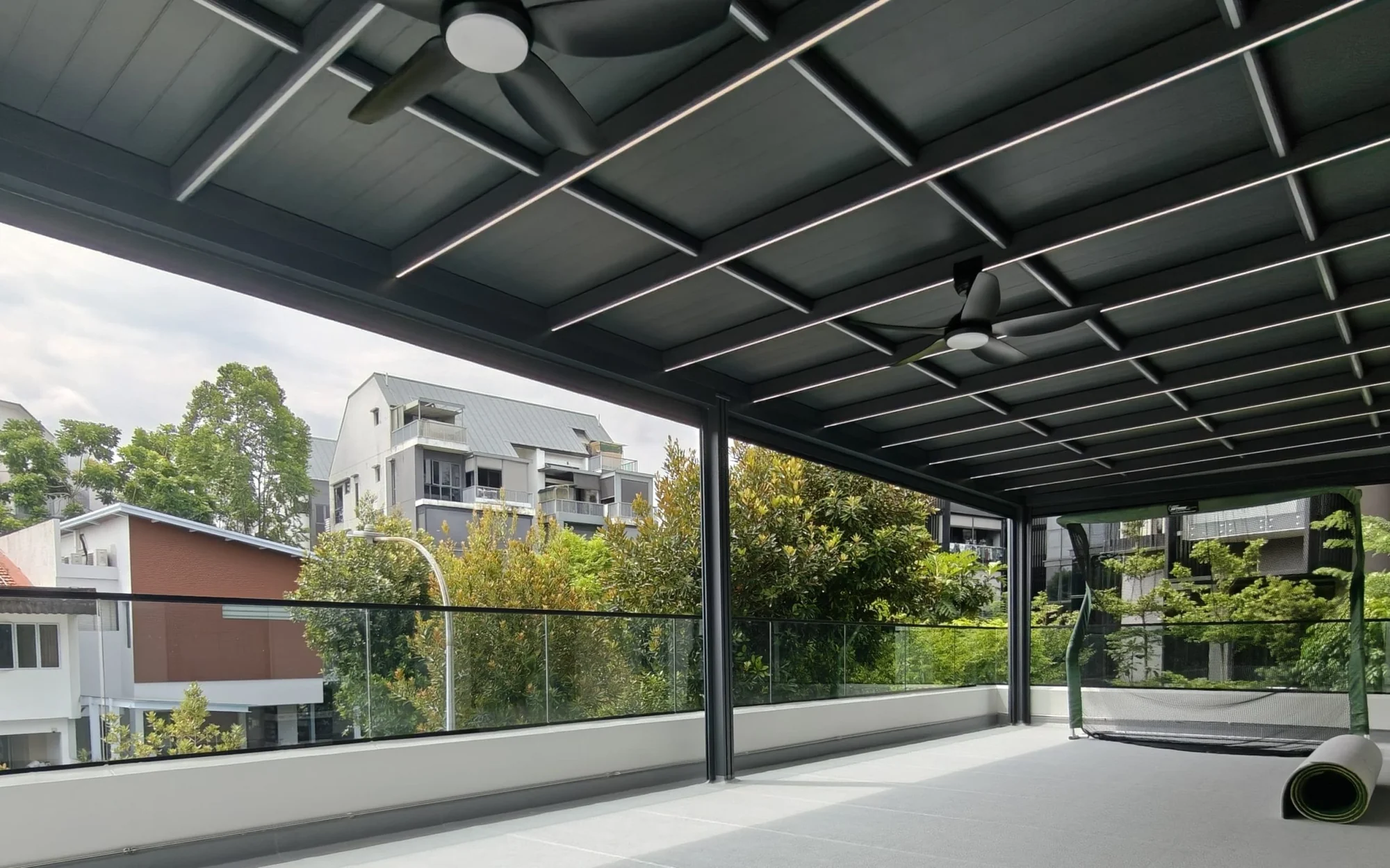 Carport from the drive, aluminium smart roof supplied by Alu-R Pro in Singapore