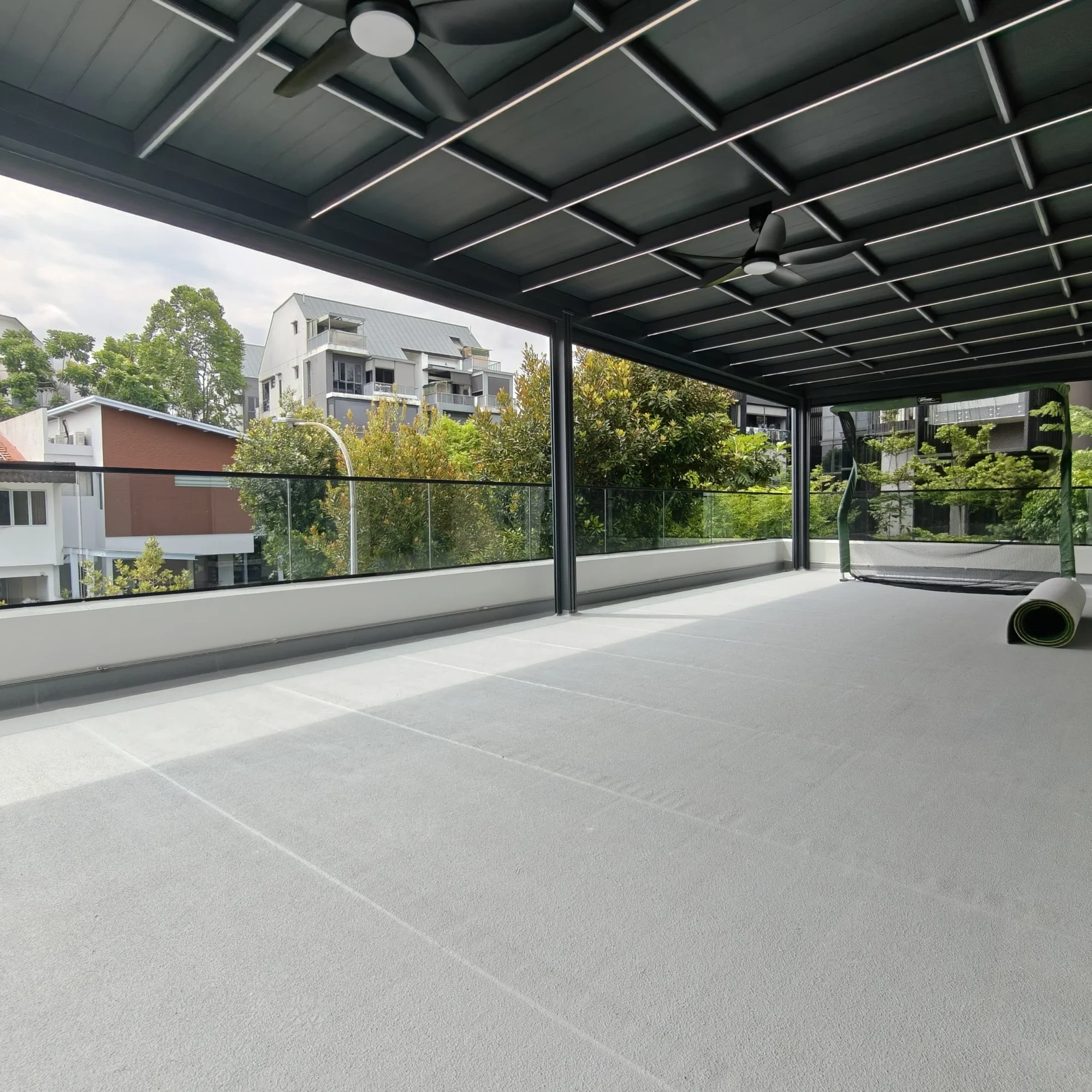 Full width carport, aluminium smart roof supplied by Alu-R Pro in Singapore