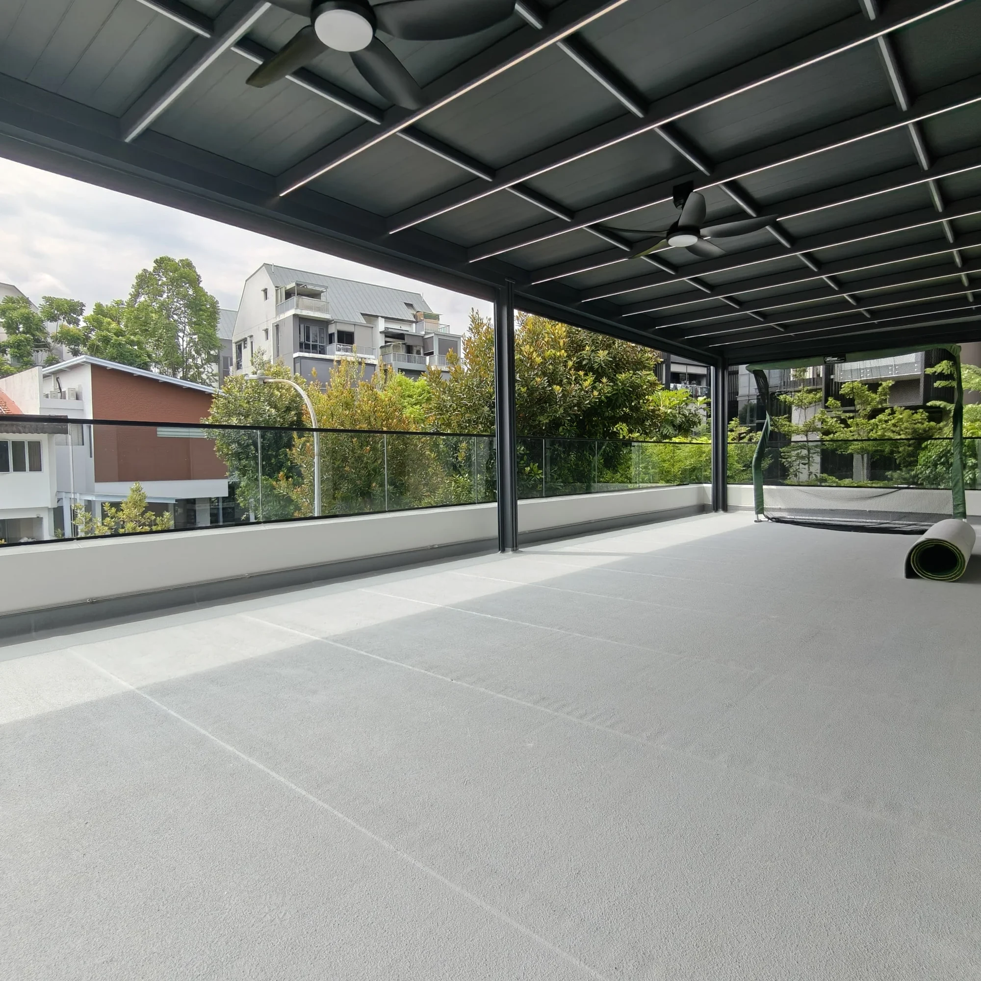 Covered walkway, aluminium smart roof supplied by Alu-R Pro in Singapore